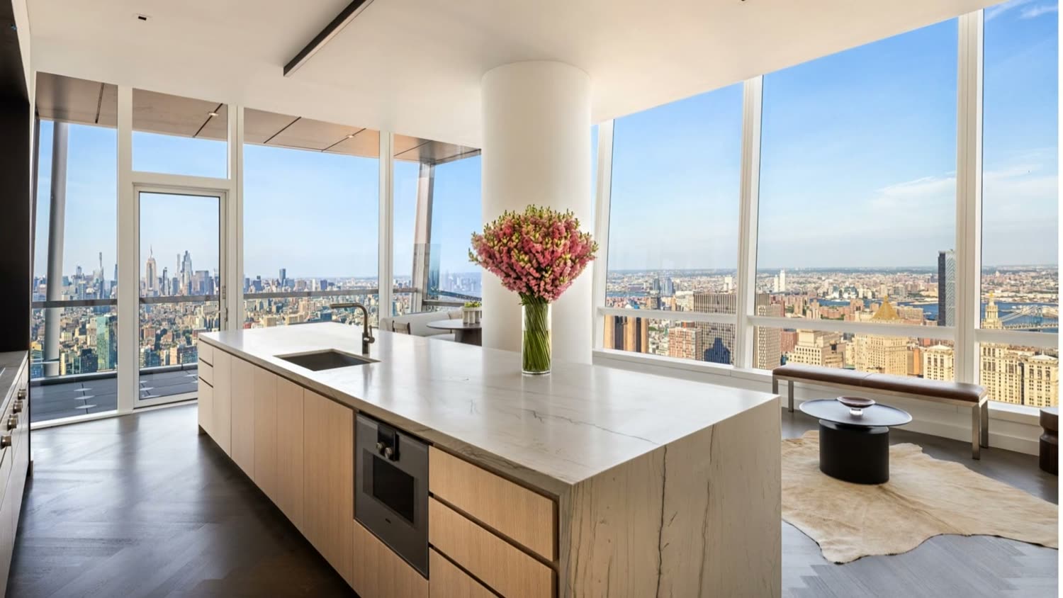 Kitchen island with a city view