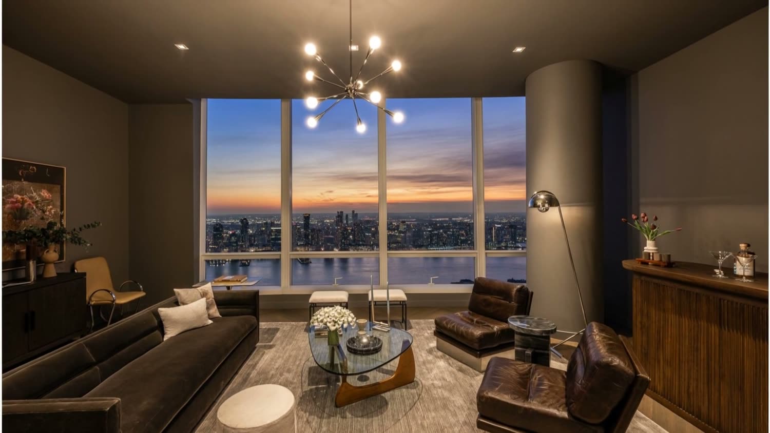Sunset living room above the city